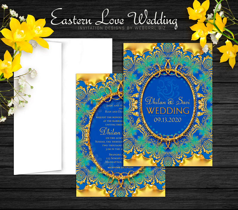 Indian wedding inspired design with rich gold and green / teal satin look, with glitter graphics.