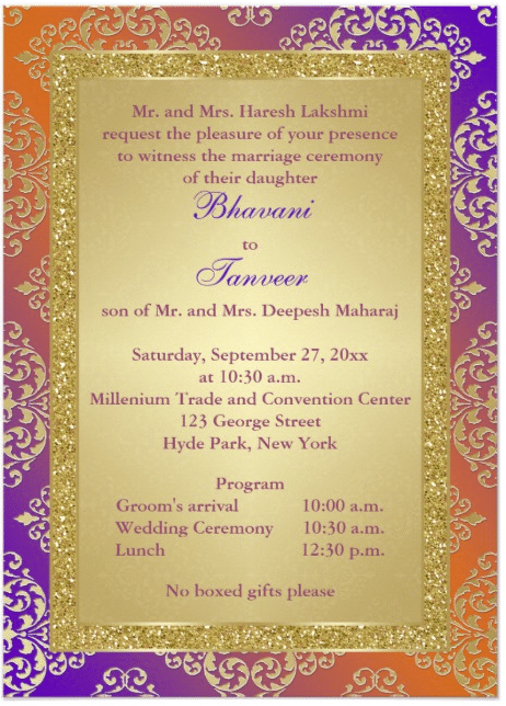 Purple, Orange, Gold Glitter Indian Wedding Invite