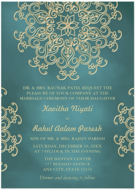 Teal And Gold Indian Style Wedding Invitation