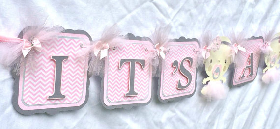 Tutu baby shower banner, baby with tutu banner, pink and gray, chevron, its a girl banner, photo prop by Nancy Banner Boutique